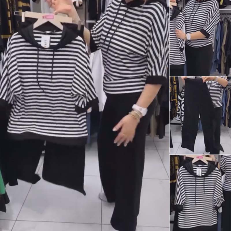 💥 ΕΚΠΤΩΣΕΙΣ 💥 Σετ ριγέ τοπ και μονόχρωμο παντελόνι για γυναίκες