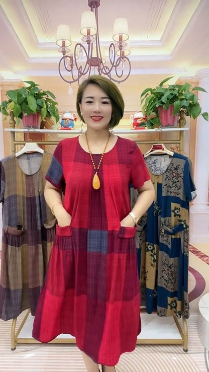 [50-100kg] 2025 καρό φόρεμα για τους μετακινούμενους άνετο μοντέρνο ευρύ φόρεμα για τη μαμά