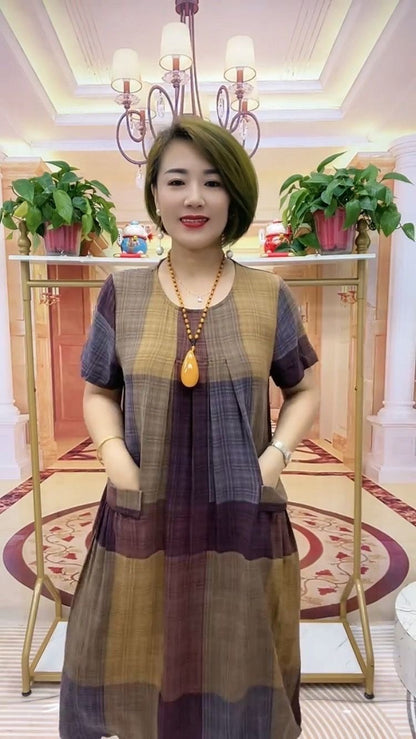 [50-100kg] 2025 καρό φόρεμα για τους μετακινούμενους άνετο μοντέρνο ευρύ φόρεμα για τη μαμά