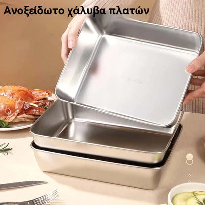 (8 τεμάχια)🥩🥙Ανεξίτηλο τετράγωνο τηγάνι από ανοξείδωτο χάλυβα + καπάκι（Υλικό από ανοξείδωτο χάλυβα 304）