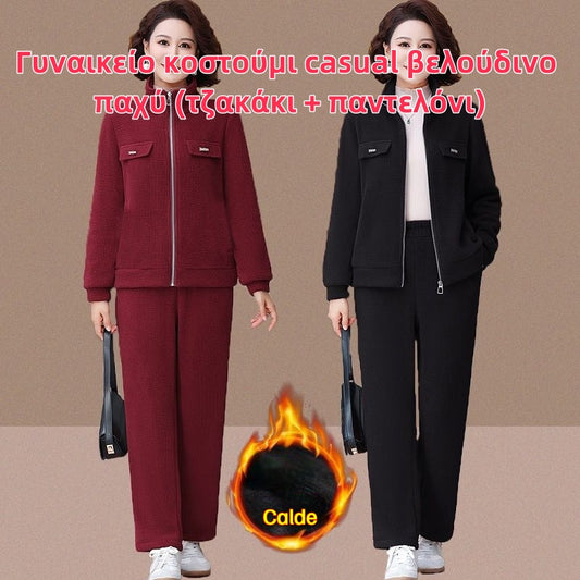 💥【M-4XL】Γυναικείο κοστούμι casual βελούδινο παχύ (τζακάκι + παντελόνι)