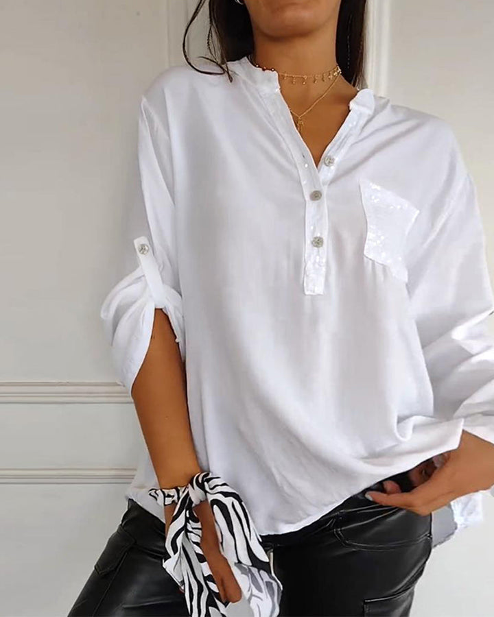 🔥【Οκτώ Χρώματα】Νέο casual μονόχρωμο πουκάμισο με V λαιμόκοψη