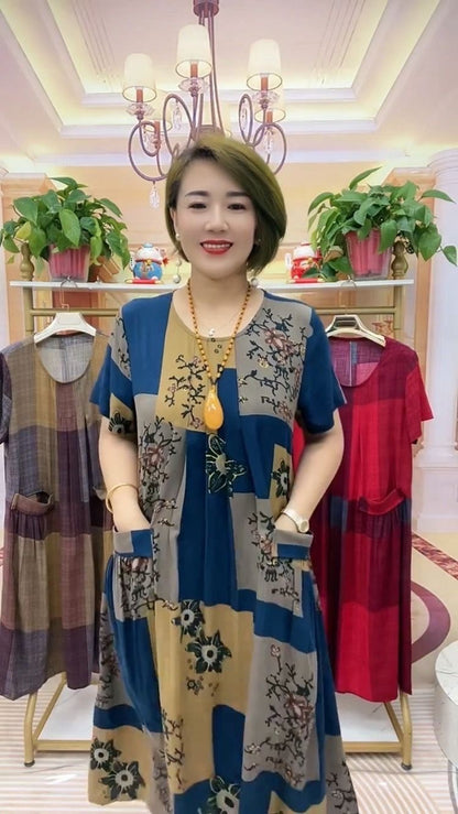 [50-100kg] 2025 καρό φόρεμα για τους μετακινούμενους άνετο μοντέρνο ευρύ φόρεμα για τη μαμά