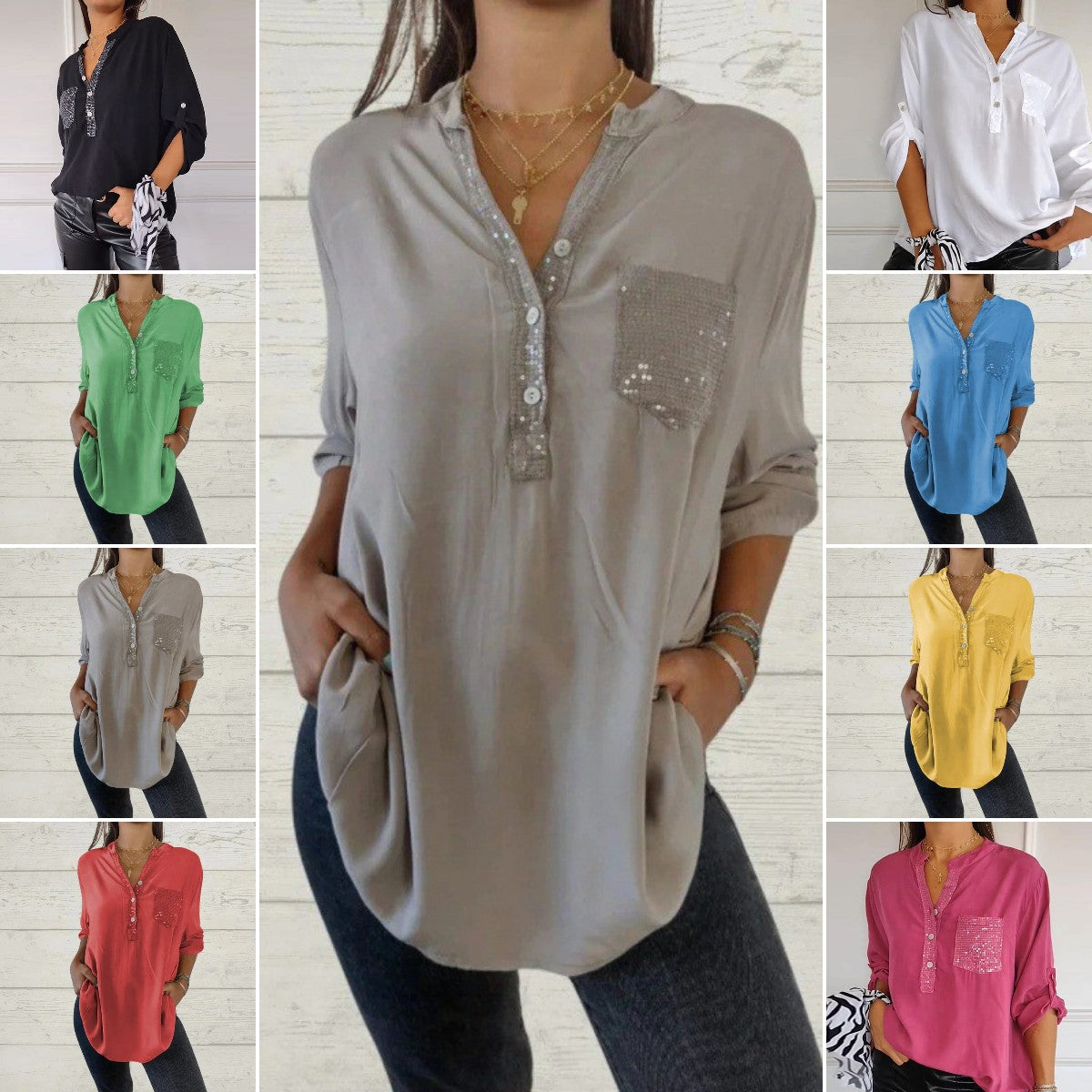 🔥【Οκτώ Χρώματα】Νέο casual μονόχρωμο πουκάμισο με V λαιμόκοψη